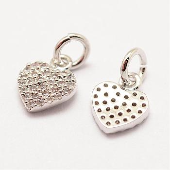 Brass Micro Pave Grade AAA Cubic Zirconia Charms, Long-Lasting Plated, Heart, Cadmium Free & Nickel Free & Lead Free, Real Platinum Plated, 9x8x1.5mm, Hole: 3mm