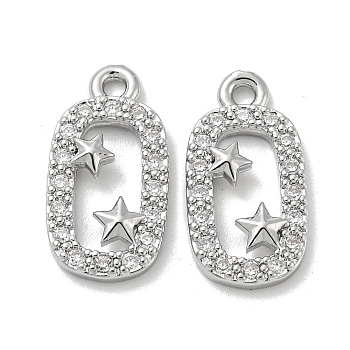 Brass Micro Pave Cubic Zirconia Pendant, Oval with Star, Real Platinum Plated, 15x7.5x2mm, Hole: 1.4mm