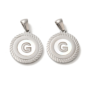304 Stainless Steel Pendants, Flat Round Shell Charms with Letter, Stainless Steel Color, Letter G, 20.5x17.5x1.5mm, Hole: 2.5x4.5mm