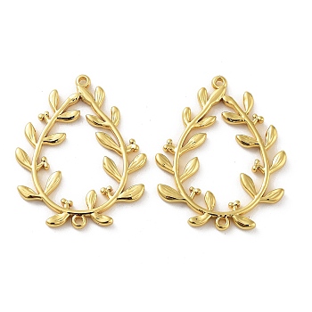 304 Stainless Steel Connector Charms, Teardrop with Leaf, Real 18K Gold Plated, 28.5x23x2mm, Hole: 1.2mm