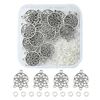 20Pcs Tibetan Style Alloy Chandelier Component Links, Flat Round with Flower, 100Pcs Brass Jump Rings, Antique Silver, Link: 18.5x13.5x1mm, Hole: 1.4mm, Jump Rings: 4x0.8mm