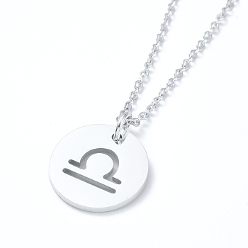 304 Stainless Steel Pendant Necklaces, with Cable Chains and Lobster Claw Clasps, Flat Round with Twelve Constellations, Stainless Steel Color, Libra, 17.7 inch(45cm), 2mm