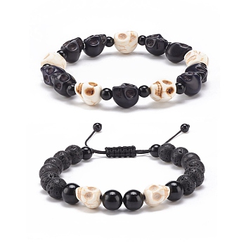 2Pcs 2 Style Natural Lava Rock & Mixed Gemstone Skull Braided Bead Bracelets Set, Halloween Adjustable Bracelets for Women, Inner Diameter: 2-1/8~3-1/4 inch(5.5~8.3cm), 1Pc/style