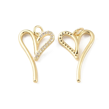 Rack Plating Brass Micro Pave Cubic Zirconia Pendants, Cadmium Free & Lead Free, Long-Lasting Plated, with Jump Ring, Asymmetrical Heart Charm, Real 18K Gold Plated, 25x16x2.5mm, Hole: 3.2mm