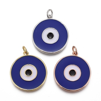 Brass Enamel Pendants, with Jump Rings, Long-Lasting Plated, Flat Round with Midnight Blue Evil Eye, Mixed Color, 22.5x20x2~2.5mm, Hole: 3mm