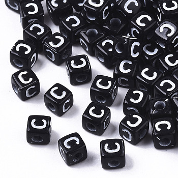 Opaque Acrylic Beads, Horizontal Hole, Alphabet Style, Cube, Black & White, Letter.C, 5x5x5mm, Hole: 2mm, about 500pcs/50g