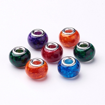 Spray Painted Glass European Beads, with Silver Color Plated Brass Core, Large Hole Beads, Rondelle, Mixed Color, 14~15x11mm, Hole: 4.5~5mm