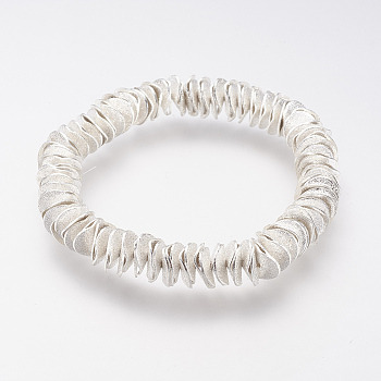 Brass Textured Beads Stretch Bracelets, Washer Bracelet, Silver Color Plated, 60mm