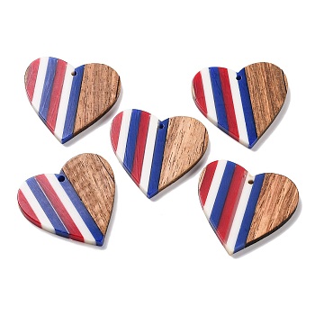 Independence Day Opaque Striped Resin & Walnut Wood Pendants, Geometric Charms, Heart, 37.8x39x3.5mm, Hole: 2mm