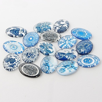 Blue and White Floral Theme Ornaments Glass Oval Flatback Cabochons, Mixed Color, 25x18x6mm