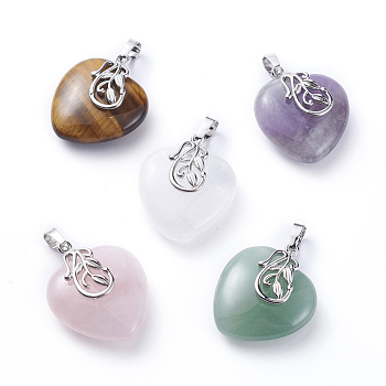 Natural Mixed Stone Pendants, with Platinum Tone Brass Ice Pick Pinch Bails, Heart, 31~32x25~26x11~12mm, Hole: 7x5mm