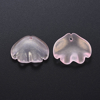 Transparent Baking Painted Frosted Glass Pendants, with Single Face Glitter Gold Powder, Shell, Pink, 15x18x4mm, Hole: 1.2mm