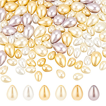 124Pcs 6 Styles Glass Imitation Pearl Beads, Teardrop, Mixed Color, 8~13x6~9mm, Hole: 0.7~0.8mm, 124pcs/box