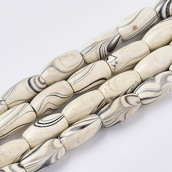 Dyed Natural Wooden Beads Strands, with Wavy Pattern, Lead Free, Column, Old Lace, 13~14.5x7.5mm, Hole: 1.8mm, about 66pcs/strand, 37.40 inch