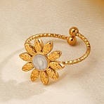 304 Stainless Steel Enamel Open Cuff Rings for Women, Flower, Real 18K Gold Plated, 14x14.5mm, Inner Diameter: Adjustable(RJEW-K303-09G)