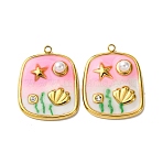 304 Stainless Steel Enamel Pendants, with ABS Plastic Imitation Pearl Beads, Rectangle Charms, Real 18K Gold Plated, PVD Vacuum Plating, Pink, 23.5x18x5mm, Hole: 1.6mm(X1-STAS-L299-18G-01)