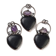 Natural Obsidian & Amethyst Big Pendants, Brass Heart Charms with Jump Rings, Red Copper, 55~57x32~33x9~11mm, Hole: 6.6mm(G-A221-04C)