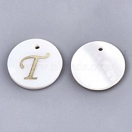Natural Freshwater Shell Pendants, with Golden Plated Brass Etched Metal Embellishments, Flat Round with Letter, Letter.T, 15x2mm, Hole: 1.2mm(SHEL-N027-04T)