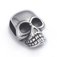 Retro 304 Stainless Steel Slide Charms/Slider Beads, for Leather Cord Bracelets Making, Skull, Antique Silver, 22x14x9mm, Hole: 4x8mm(X-STAS-L243-022AS)