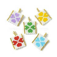 Handmade MIYUKI Japanese Seed Loom Pattern Seed Beads, Rectangle with Clover Pendants, Mixed Color, 24~24.5x17.5x2mm, Hole: 2.5mm(PALLOY-MZ00126)