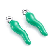 304 Stainless Steel Pendants, Enamelled Sequins, Horn of Plenty/Italian Horn Cornicello Charms, Stainless Steel Color, Green, 17.5x4.5x3.5mm, Hole: 1mm(STAS-I148-02P-01)