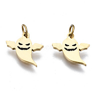 316 Surgical Stainless Steel Enamel Charms, with Jump Rings, for Halloween, Ghost, Black, Real 14K Gold Plated, 10x9.5x1mm, Jump Ring: 3.4x0.5mm, 2.4mm inner diameter(STAS-S116-344G)