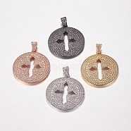 Long-Lasting Plated Brass Micro Pave Cubic Zirconia Pendants, Flat Round with Cross, Mixed Color, 29x26x2mm, Hole: 3x4mm(ZIRC-L072-51)