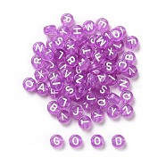 Transparent Dark Orchid Acrylic Beads, Horizontal Hole, Mixed Letters, Flat Round with White Letter, 7x4mm, Hole: 1.5mm, 100pcs/Bag(TACR-YW0001-08F)