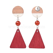 Stud Earrings, with Natural Carnelian Beads, Pear Wood Pendants, Resin & Wood Pendants and Brass Findings, Flat Round and Triangle, Red, 67~68mm, Pin: 0.6mm(EJEW-JE03007-05)