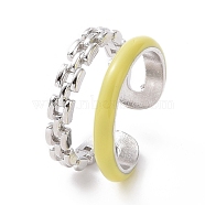 Enamel Double Line Open Cuff Ring, Platinum Plated Brass Jewelry for Women, Yellow, US Size 6(16.5mm)(RJEW-E051-01P-02)