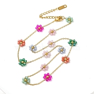 304 Stainless Steel & Glass Colorful Flower Link Chain Necklaces for Women, Real 18K Gold Plated, 15.94 inch(40.5cm)(NJEW-K383-05G)