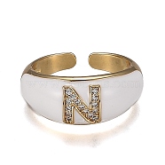 Brass Micro Pave Clear Cubic Zirconia Cuff Rings, Open Rings, with Enamel, Cadmium Free & Lead Free, Golden, Letter.N, US Size 7 1/4, Inner Diameter: 17.6mm(RJEW-H538-03G-N)