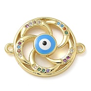 Rack Plating Brass Colorful Cubic Zirconia Vortex Connector Charms, Evil Eye Enamel Links, Real 18K Gold Plated, Long-Lasting Plated, Lead Free & Cadmium Free, Deep Sky Blue, 22x17x4mm, Hole: 1.4mm(KK-K392-08G-01)