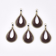 Cotton Thread Woven Big Pendants, with Glass Seed Bead and Iron Findings, teardrop, Golden, Coconut Brown, 54~55x30~31x4~5mm, Hole: 3mm(X-FIND-S306-01B)