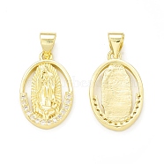 Rack Plating Brass Micro Pave Clear Cubic Zirconia Pendants, Cadmium Free & Lead Free, Long-Lasting Plated, Oval with Religion Virgin Mary Charm, Real 18K Gold Plated, 19x12x2mm, Hole: 4x3.5mm(KK-C011-36G)