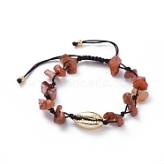 Adjustable Chip Natural Red Agate/Carnelian(Dyed) Braided Bead Bracelets, with Electroplated Cowrie Shell Beads, Golden Plated Brass Beads and Nylon Thread, 5.4~8.8cm(BJEW-JB04994-02)