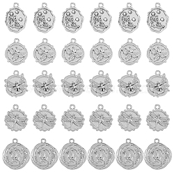 30Pcs 5 Style Alloy Pendants, with Crystal Rhinestone Flat Round with Butterfly & Flower with Dragonfly Charms, Platinum, 17.5~23x14~20x3~3.5mm, Hole: 1.6~1.8mm, 6pcs/style(FIND-FH0007-49)