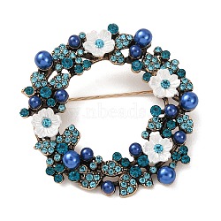 Christmas Wreath Alloy Rhinestone Lapel Pin Brooches, Shawl Pins for Women, with Imitation Pearl & Plastic, Antique Golden, 47x47mm(JEWB-K041-05AG)