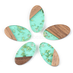 Transparent Resin & Walnut Wood Pendants, with Gold Foil, Oval, Pale Turquoise, 20x11x3mm, Hole: 2mm(RESI-S389-041A-B02)