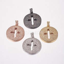 Long-Lasting Plated Brass Micro Pave Cubic Zirconia Pendants, Flat Round with Cross, Mixed Color, 29x26x2mm, Hole: 3x4mm(ZIRC-L072-51)