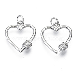 Brass Micro Pave Cubic Zirconia Pendants, Nickel Free, with Jump Rings, Heart, Clear, Real Platinum Plated, 18.5x16.5x4mm, Jump Ring: 5x0.6mm, inner diameter: 3mm(ZIRC-S061-188P-NF)