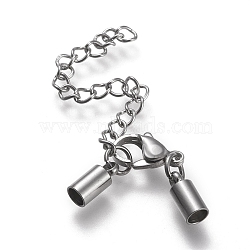 304 Stainless Steel Chain Extender, with Cord Ends, Curb Chains and Lobster Claw Clasps, Stainless Steel Color, 33mm long, Cord Ends: 9x4mm, 3mm inner diameter(STAS-K195-22P-01)