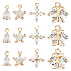 Beebeecraft 12Pcs 3 Style Brass Cubic Zirconia Charms, Nickel Free, Real 18K Gold Plated, Mixed Shape, Clear, 9~13x5~7.5x3~5mm, Hole: 1~2mm, 3pcs/style(KK-BBC0011-55)