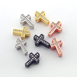Fashionable Hollow Cross Brass Micro Pave Cubic Zirconia Beads, Cadmium Free & Nickel Free & Lead Free, Mixed Color, 11x7.5x5mm, Hole: 2x1~4x2mm(ZIRC-N002-80M)