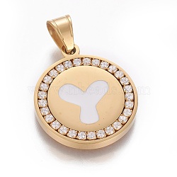 304 Stainless Steel Enamel Pendants, with Cubic Zirconia, Flat Round with Letter, Golden, Clear, Letter.Y, 29x25x3mm, Hole: 5.5x8.5mm(STAS-E439-90Y-G)