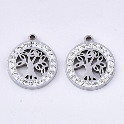 201 Stainless Steel Pendants, with Polymer Clay Crystal Rhinestone, Flat Round with Tree of Life, Stainless Steel Color, 17x15x2mm, Hole: 1.6mm(STAS-N091-25P)