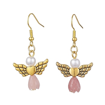 Angel Antique Golden Alloy & Resin Dangle Earrings, Imitation Pearl Acrylic Drop Earrings, PeachPuff, 45x21.5mm