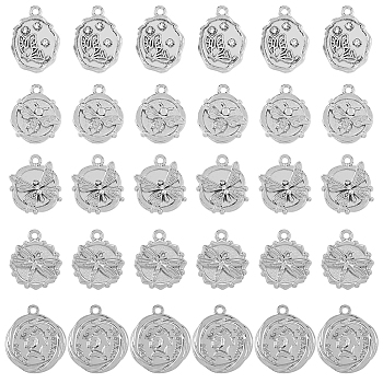 30Pcs 5 Style Alloy Pendants, with Crystal Rhinestone Flat Round with Butterfly & Flower with Dragonfly Charms, Platinum, 17.5~23x14~20x3~3.5mm, Hole: 1.6~1.8mm, 6pcs/style