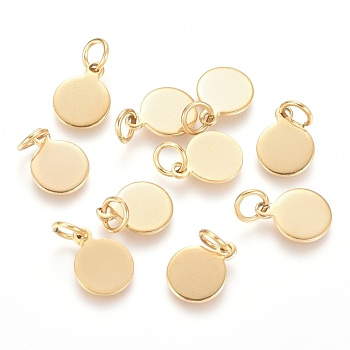 Ion Plating(IP) 304 Stainless Steel Charms, Stamping Blank Tag, with Jump Rings, Flat Round, Golden, 10.5x8x0.8mm, Hole: 3.5mm