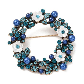 Christmas Wreath Alloy Rhinestone Lapel Pin Brooches, Shawl Pins for Women, with Imitation Pearl & Plastic, Antique Golden, 47x47mm